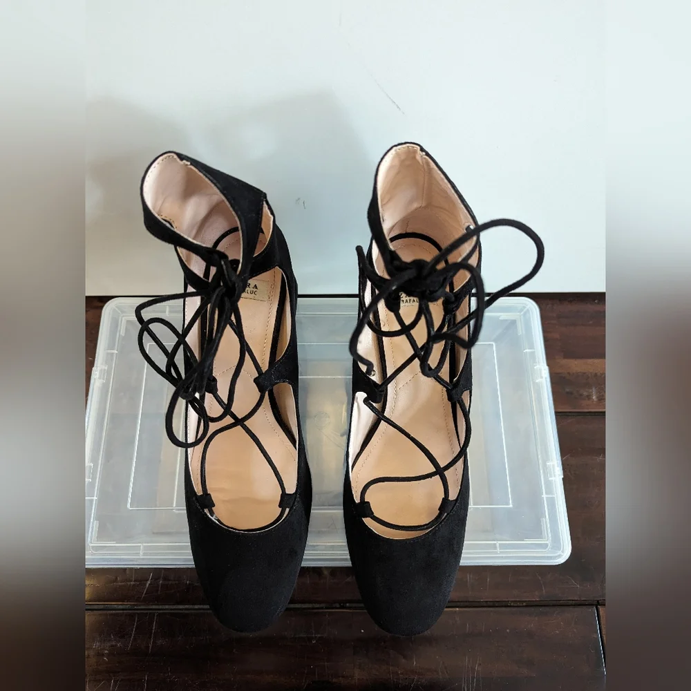 Zara Lace up Black Suede Heels - Picture 7 of 9